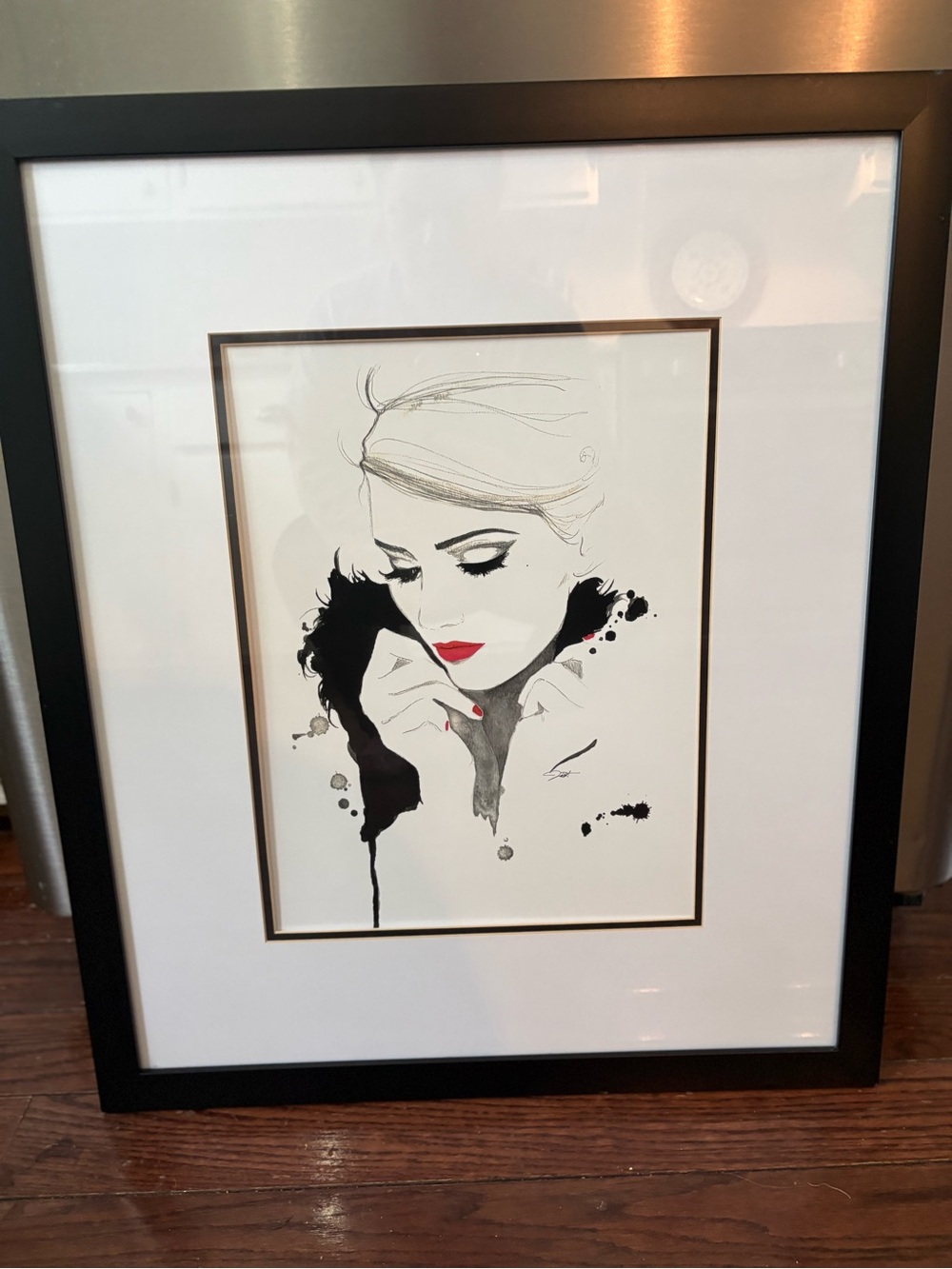 Framed Jessica Durrant black &White illustration w/Red Accent